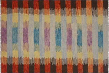 Flat Weave Kilim, Antique, Navaho, Vintage, Handmade, Modern Kilim Blue Rust Hand-Woven Rectangle 100% Wool Area Rug 8 x 10